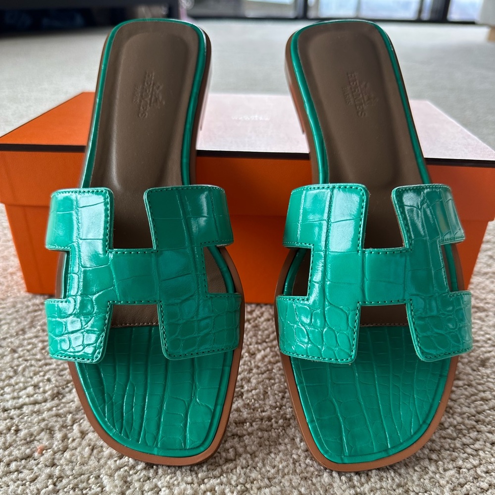 Hermes alligator verte jade Oran sandals size 38